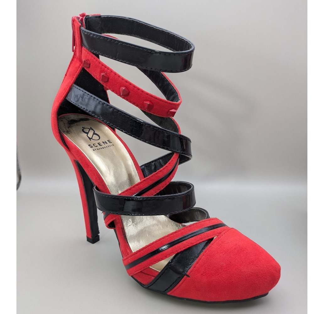 Scene Santana Red Black Faux Suede‎ Studs Strappy Stiletto 5" High Heels Size 7